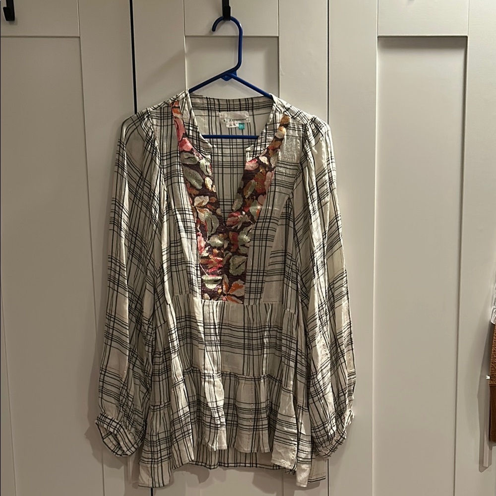 Anthropologie White Cream Ruffled Bib Collar Blouse